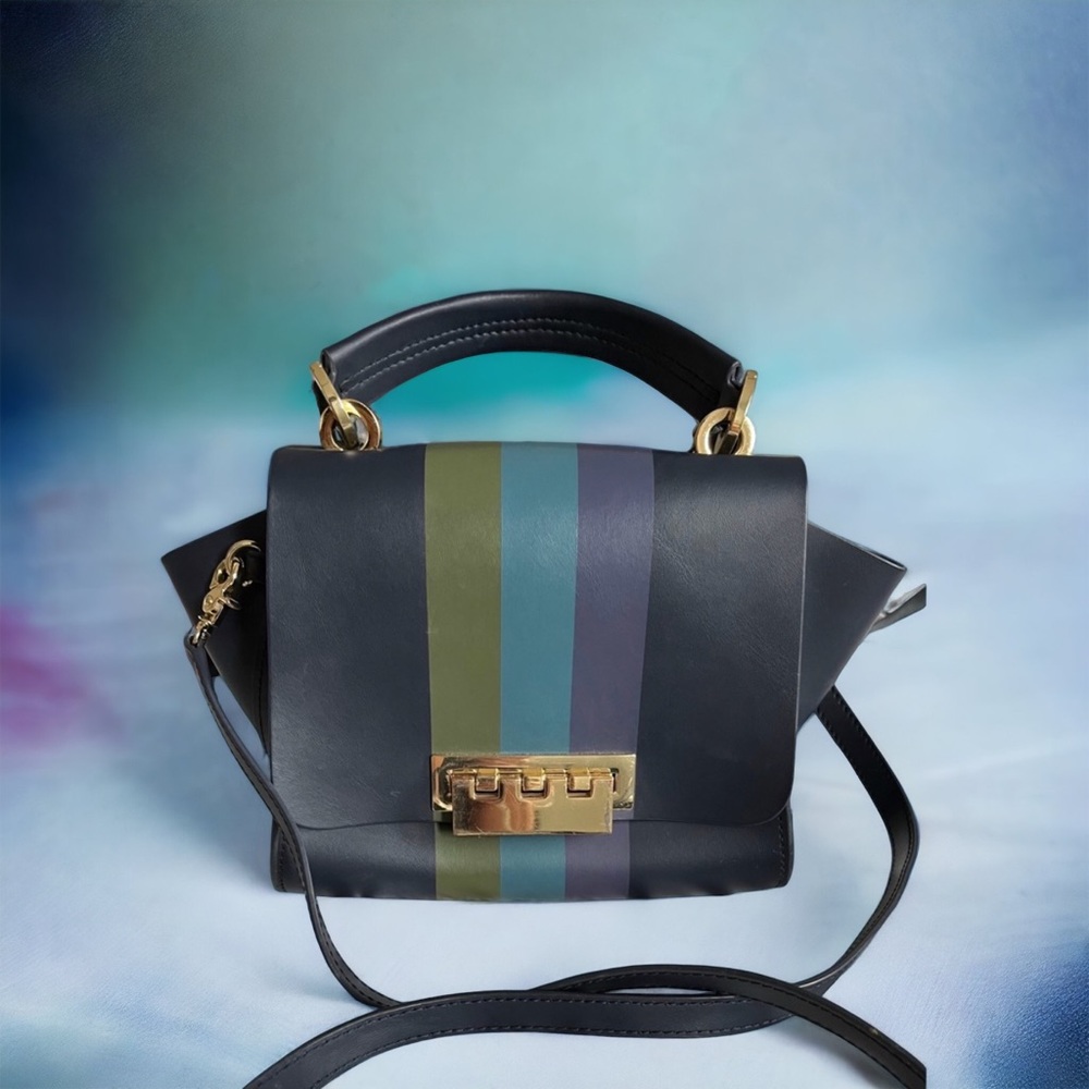 ZAC POSEN NAVY BLUE LEATHER STRIPE HANDBAG CROSSBODY BAG